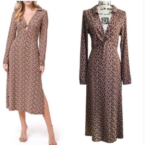 NWOT WAYF Remember Me Twist Detail Long Sleeve Cutout Midi Dress - Black Ditsy M - Picture 1 of 13